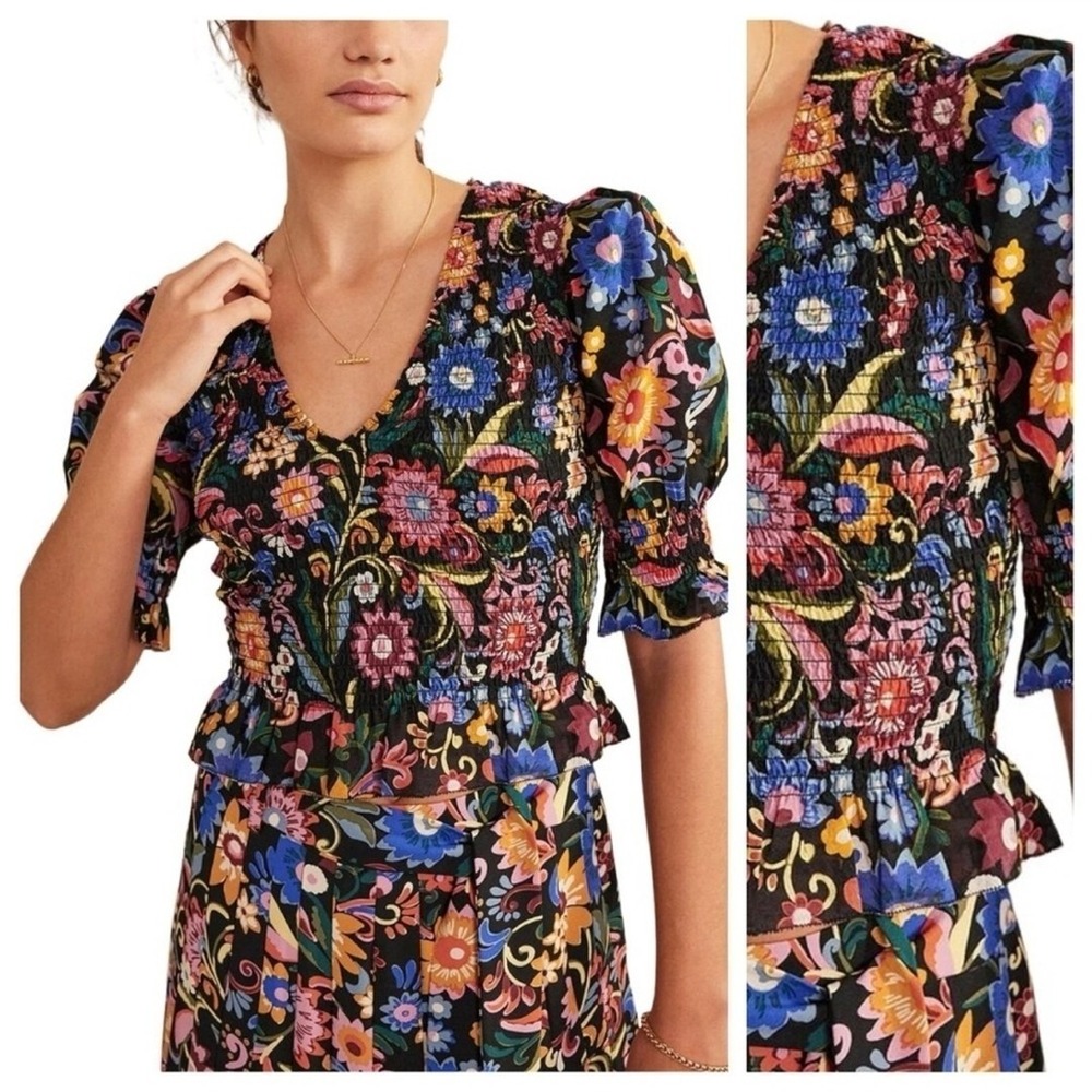 Boden Smocked Bodice Crop Top Women 8 Black Gardenia Pop Floral Deep V-Neck Boho